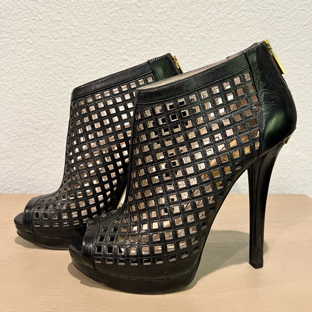 Michael Kors Black Peep Toe Platform Caged Booties Graham High Heel